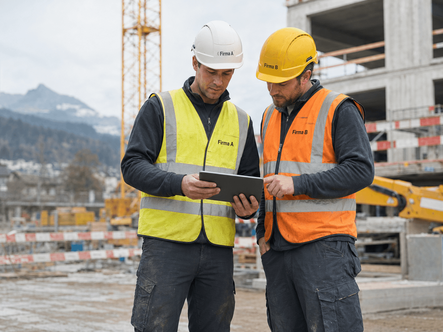 Zwei Partnerunternehmen stimmen sich auf einer Baustelle am Tablet ab
